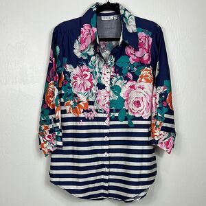 Isabel Floral Striped Cotton Women's Button Down Shirt Size L